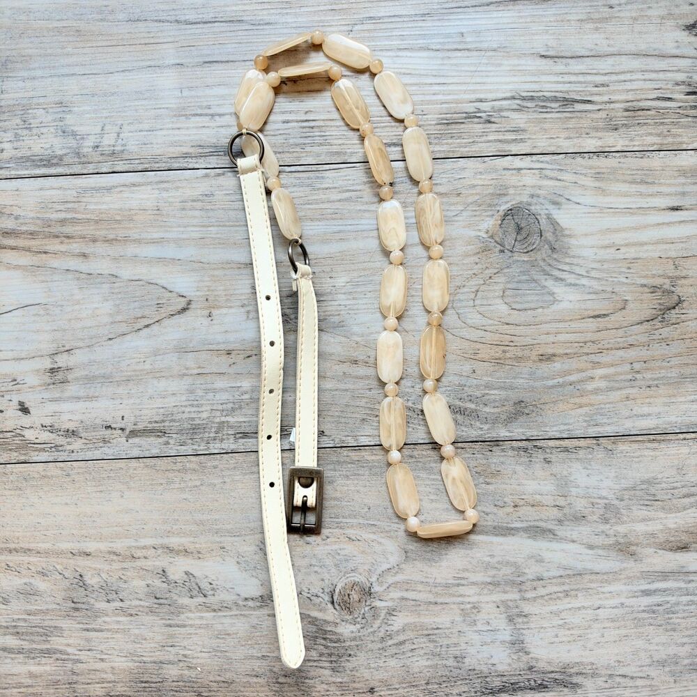 Vintage Cream Beaded Leather Belt Size 40 Ivory Double Strand Y2K Boho